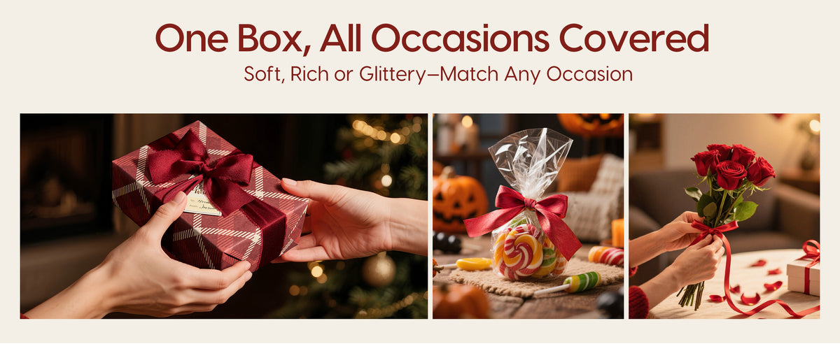 Red ribbons decorate a plaid gift box, candy bag, and rose bouquet for different occasions