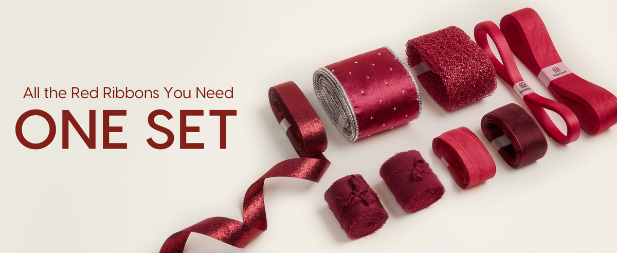 Nine red and burgundy ribbon styles in metallic, satin, sheer, fuzzy, mesh, and rhinestone textures