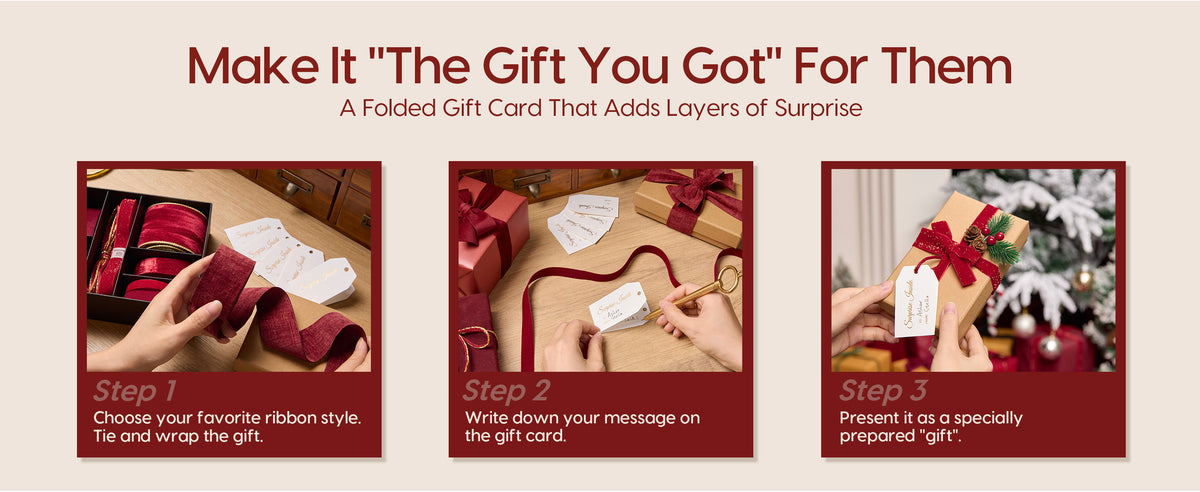 Three steps show red velvet ribbon chosen, a gift tag written and a kraft box decorated for Christmas.