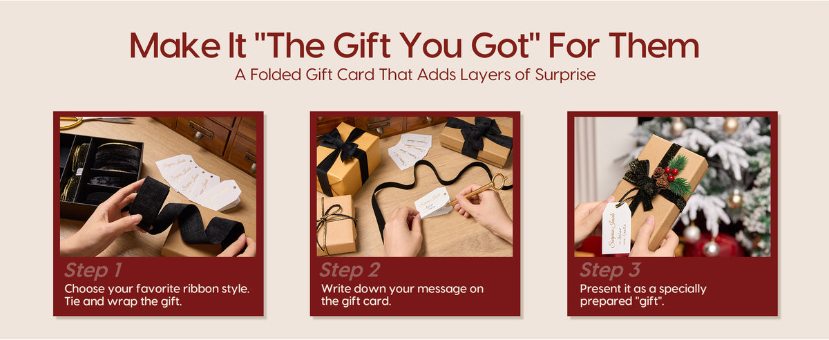 Three steps show black velvet ribbon chosen, a gift tag written and a kraft box decorated for Christmas.