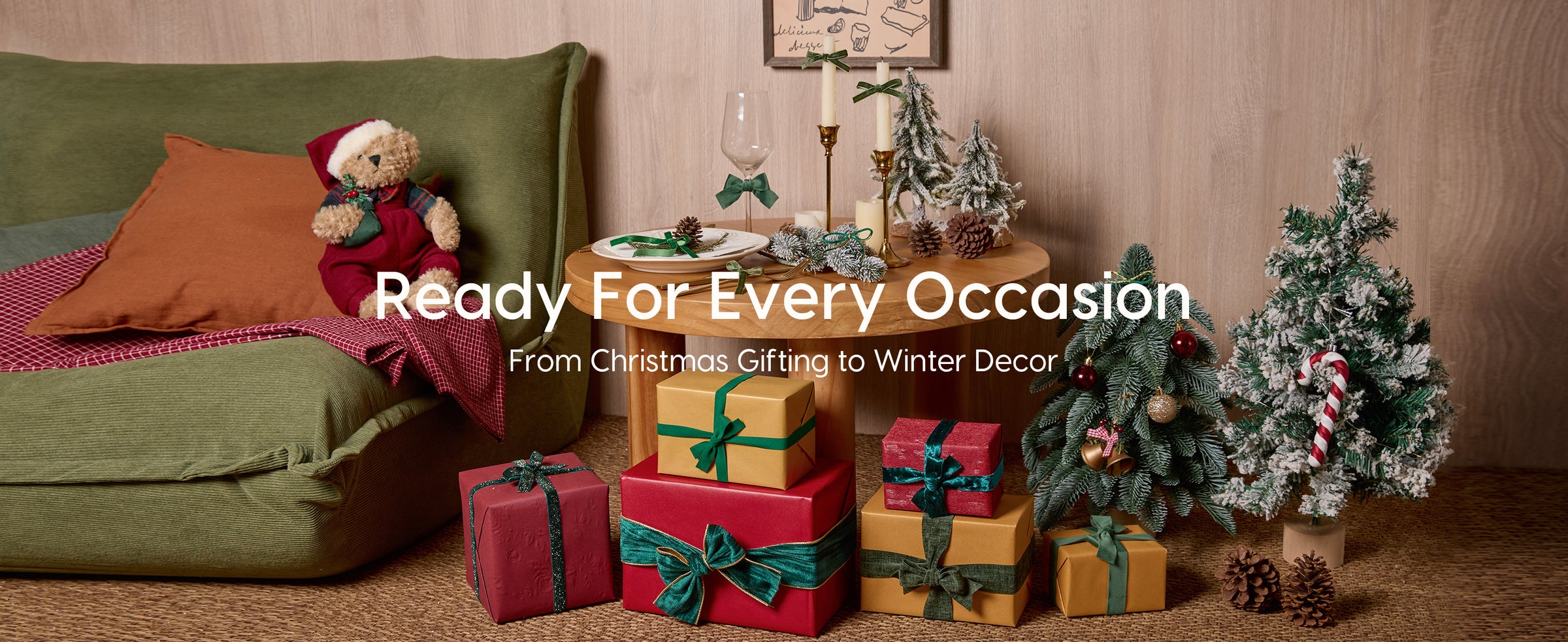 Red and gold Christmas gifts wrapped with assorted green velvet ribbons and bows in a festive living room