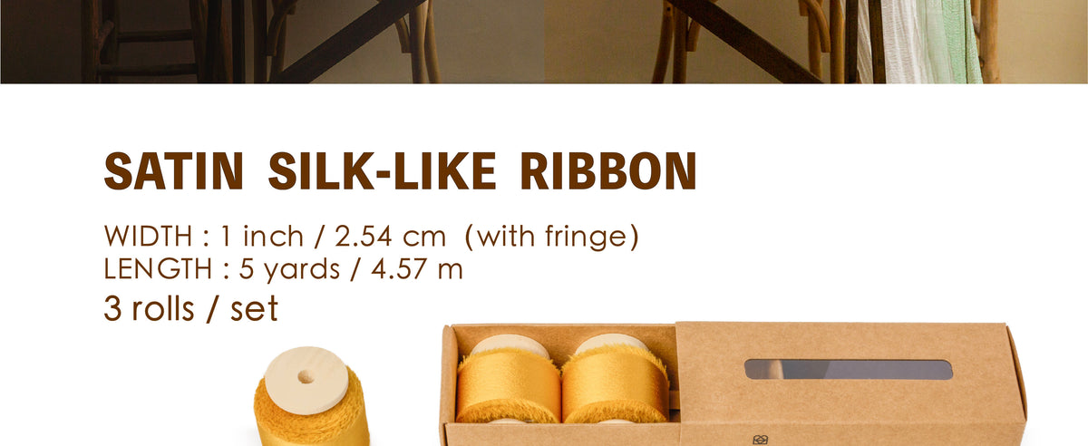 Three gold satin-like ribbon rolls with frayed edges, each 1 inch wide and 5 yards long, in a kraft box.