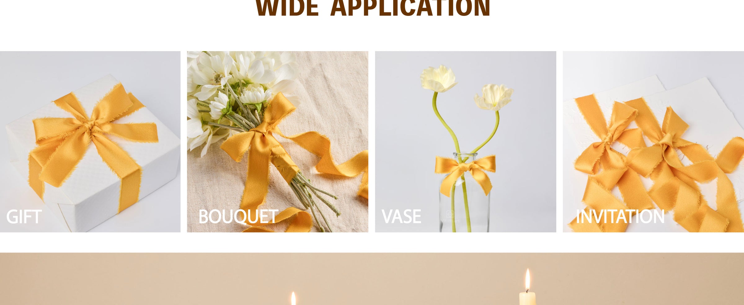 Gold frayed-edge ribbon tied as a vase bow and arranged in bows and loose lengths on invitations.