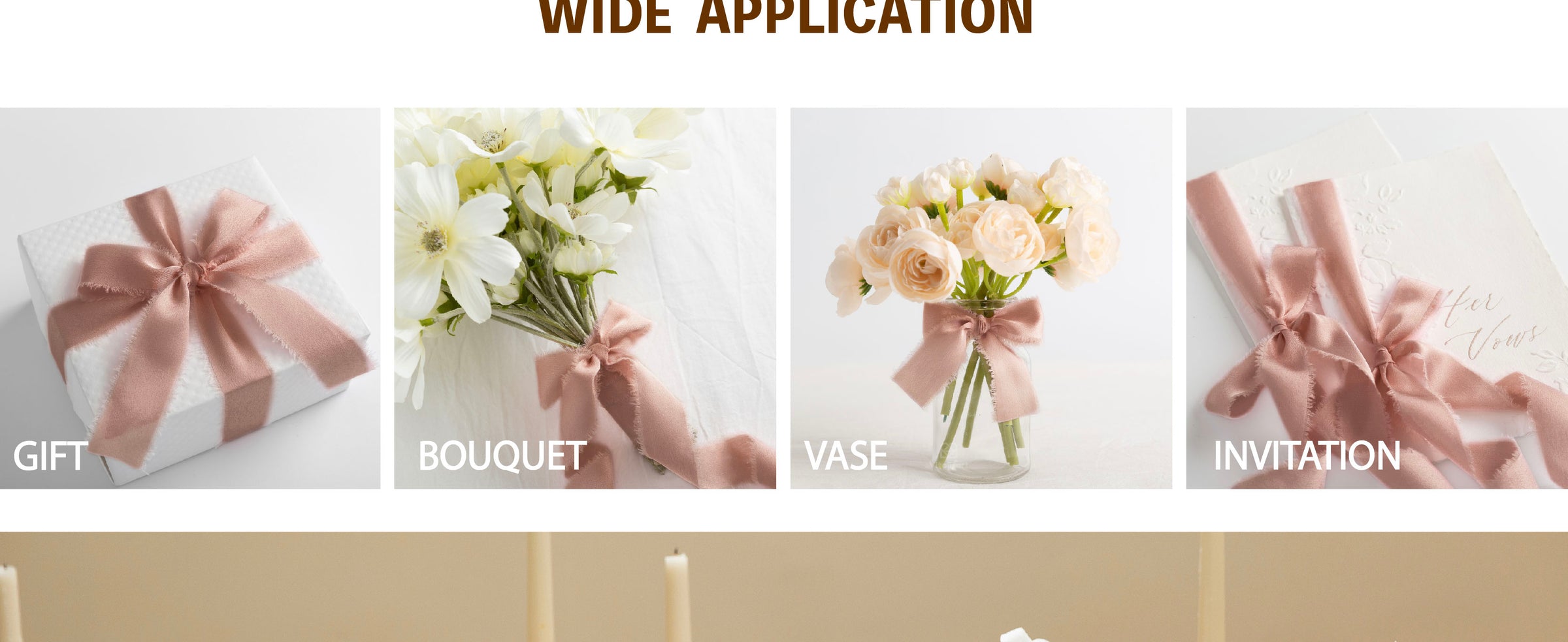 Light pink frayed satin ribbon used on a flower vase, bouquet, gift box, and wedding invitations.