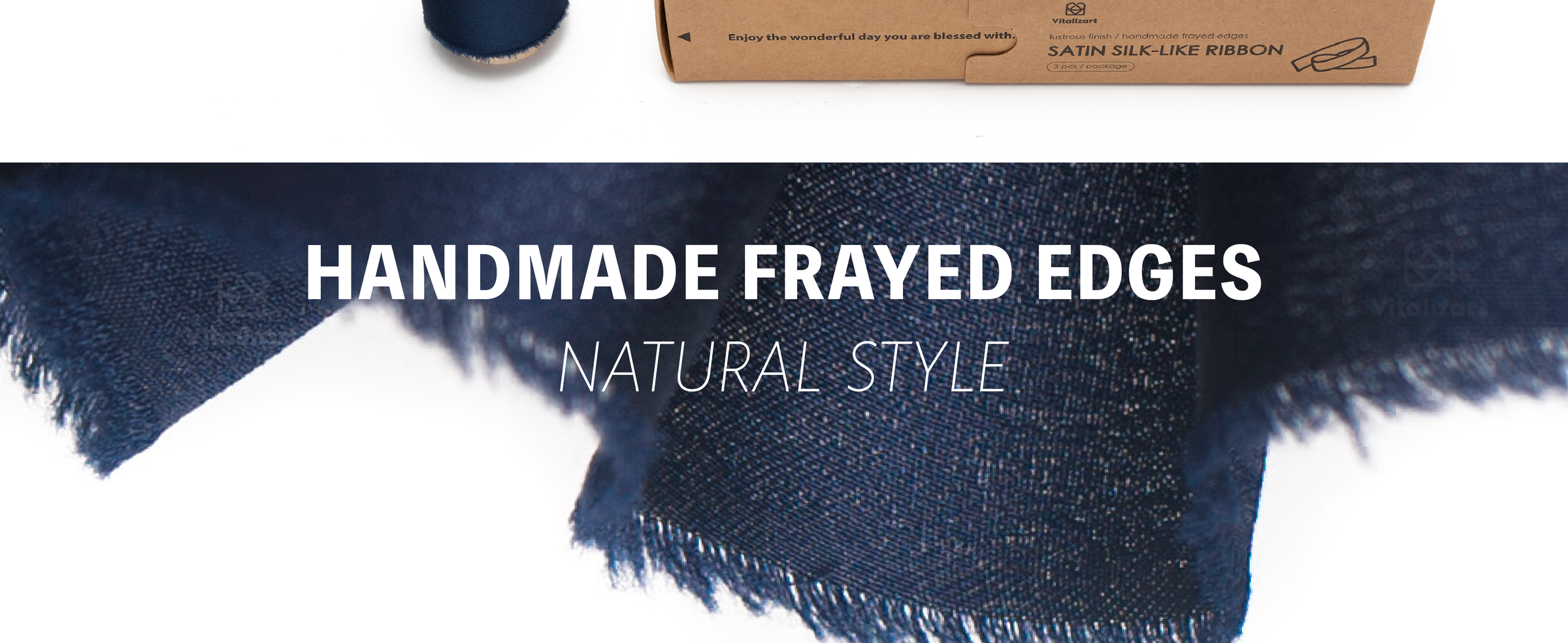 Navy satin ribbon in overlapping folds, highlighting its smooth sheen and soft handmade frayed edges.