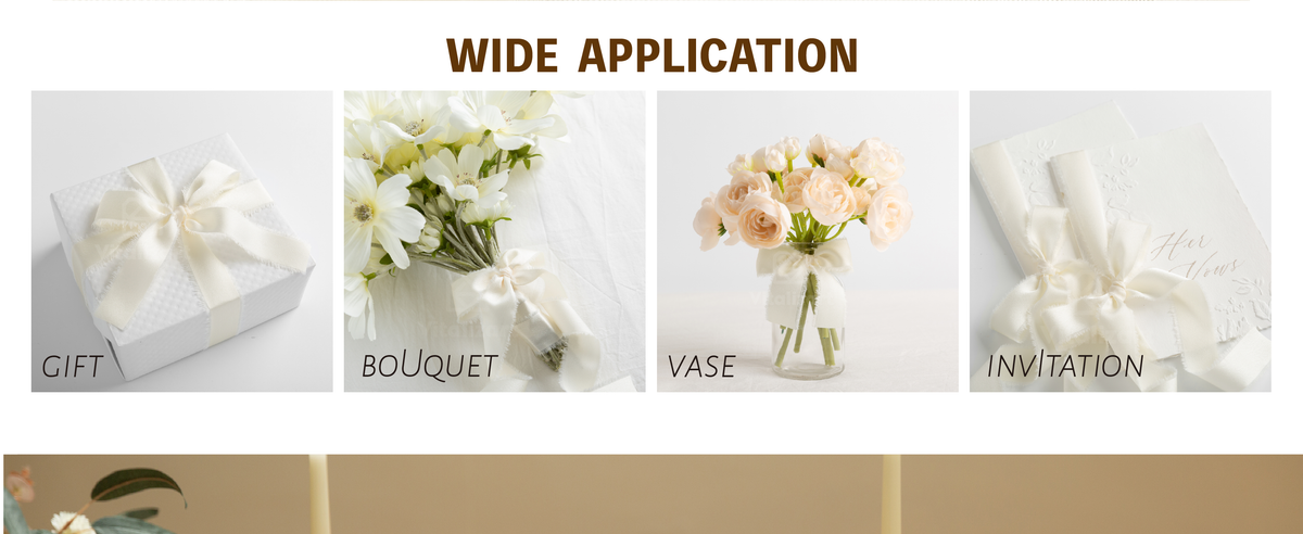 Cream-white satin ribbon with frayed edges tied on a gift, flower vase, bouquet, and invitations.