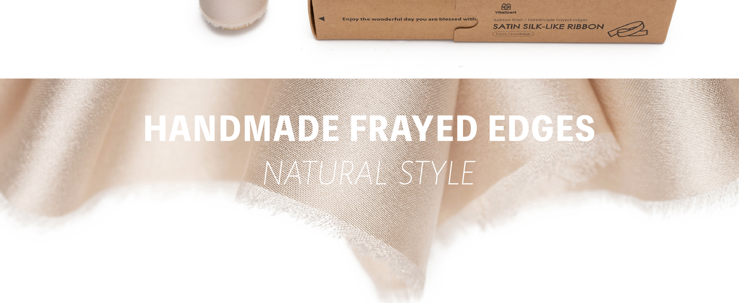 Close-up of light nude satin-like ribbon with a smooth woven sheen and soft handmade frayed edges.
