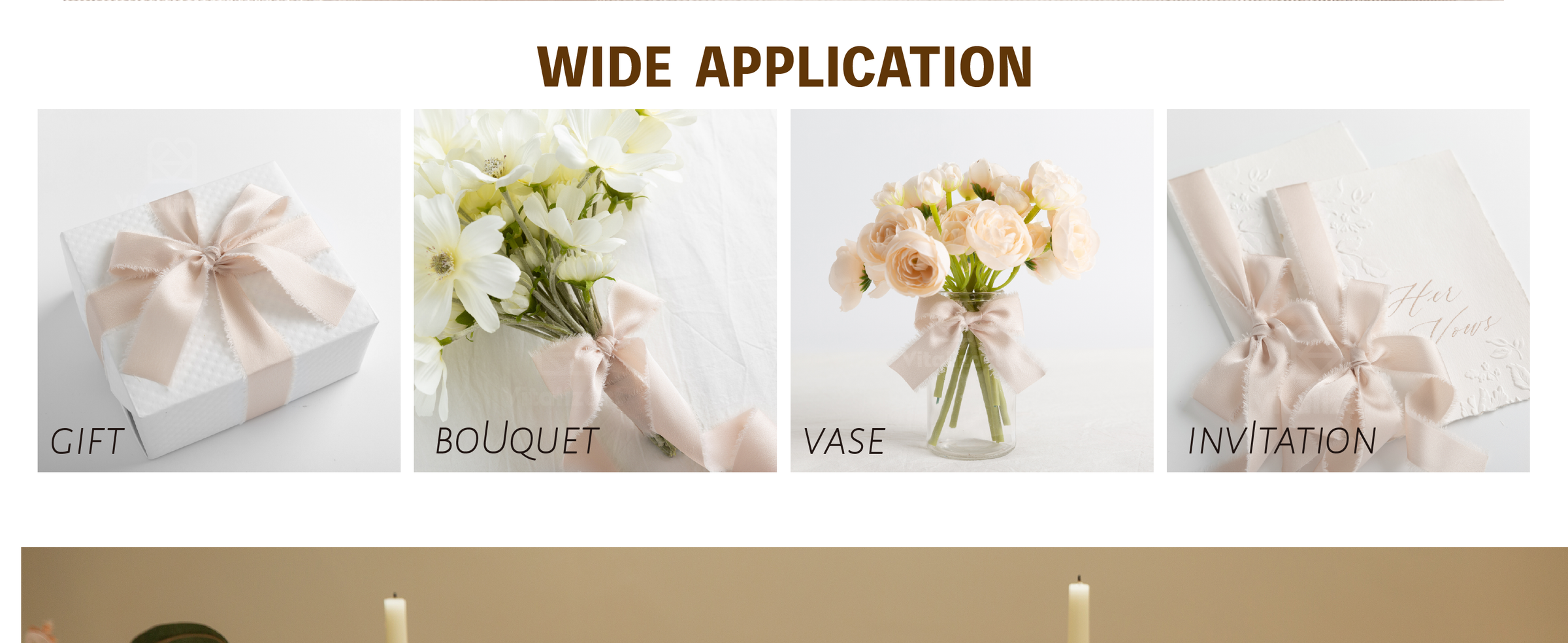 Light nude satin ribbon with frayed edges tied on a gift, flower vase, bouquet, and invitations.