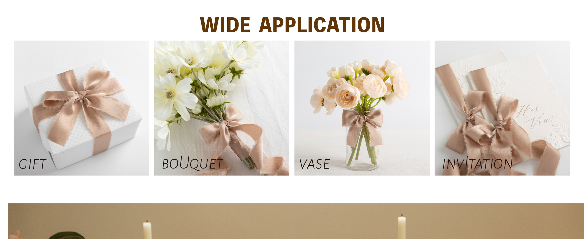 Champagne satin ribbon with frayed edges tied on a gift, flower vase, bouquet, and invitations.