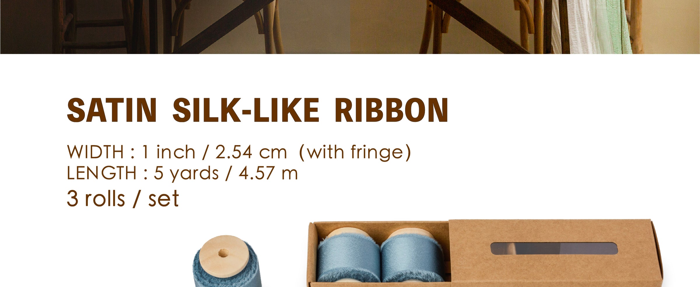Three dusty blue satin-like ribbon rolls on wooden spools, each 1 inch wide and 5 yards long.