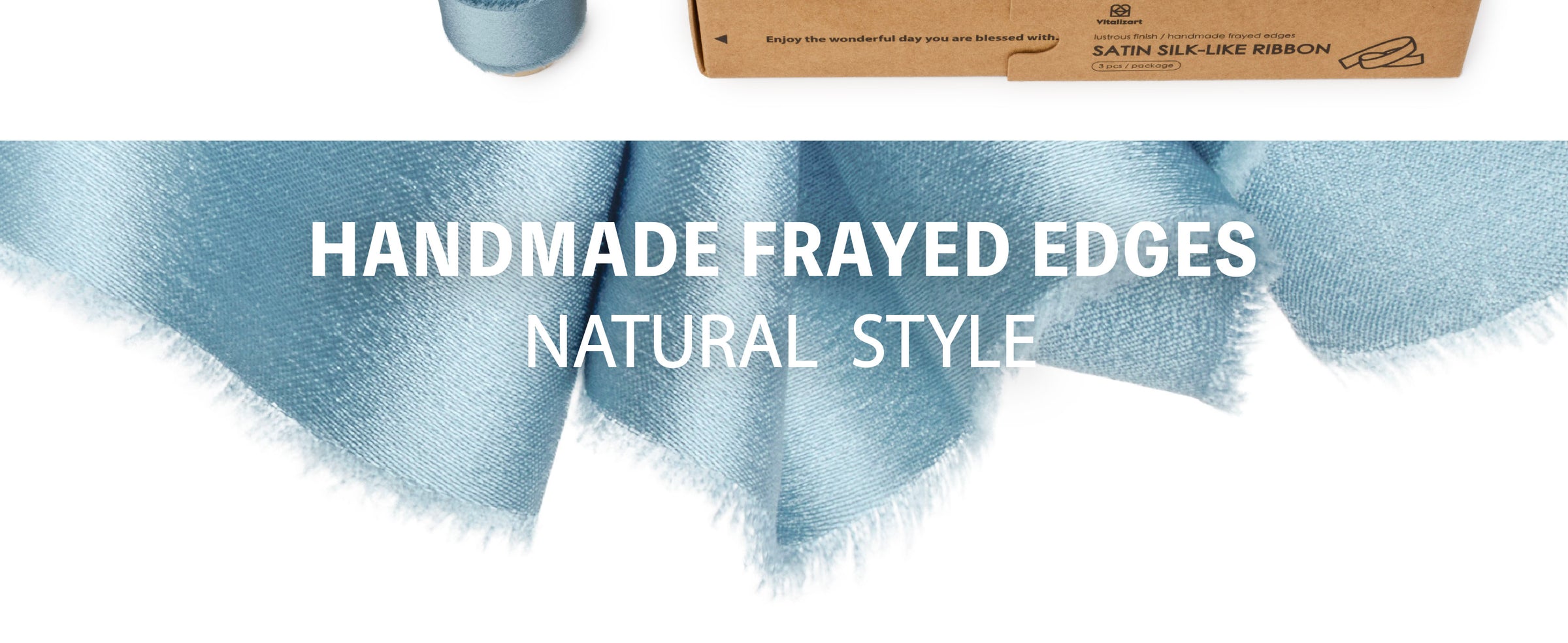 Close-up of folded dusty blue satin-like ribbon with a lustrous finish and soft frayed edges.