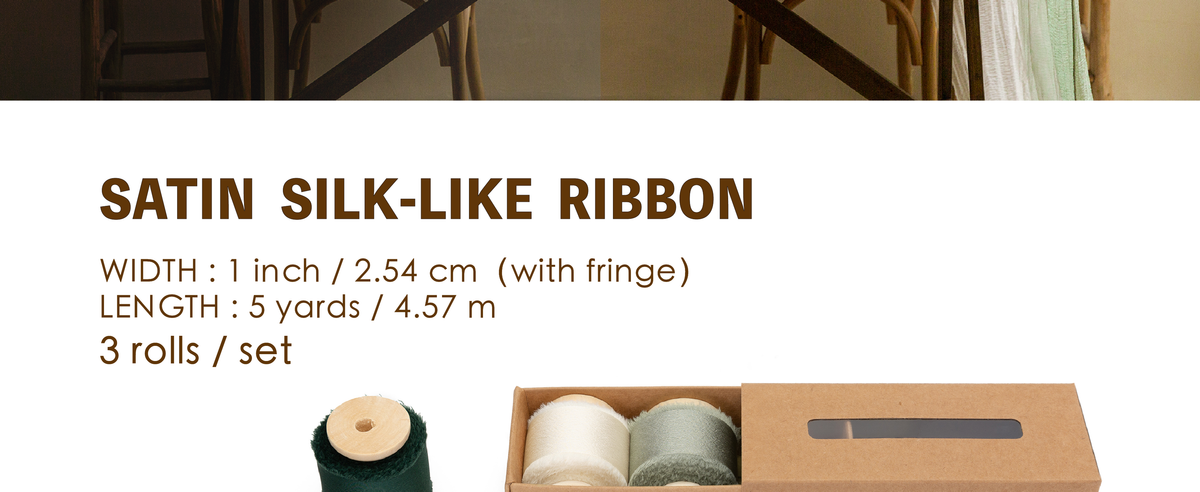 Three 1-inch frayed satin ribbon rolls in dark green, cream, and sage gray, each 5 yards long