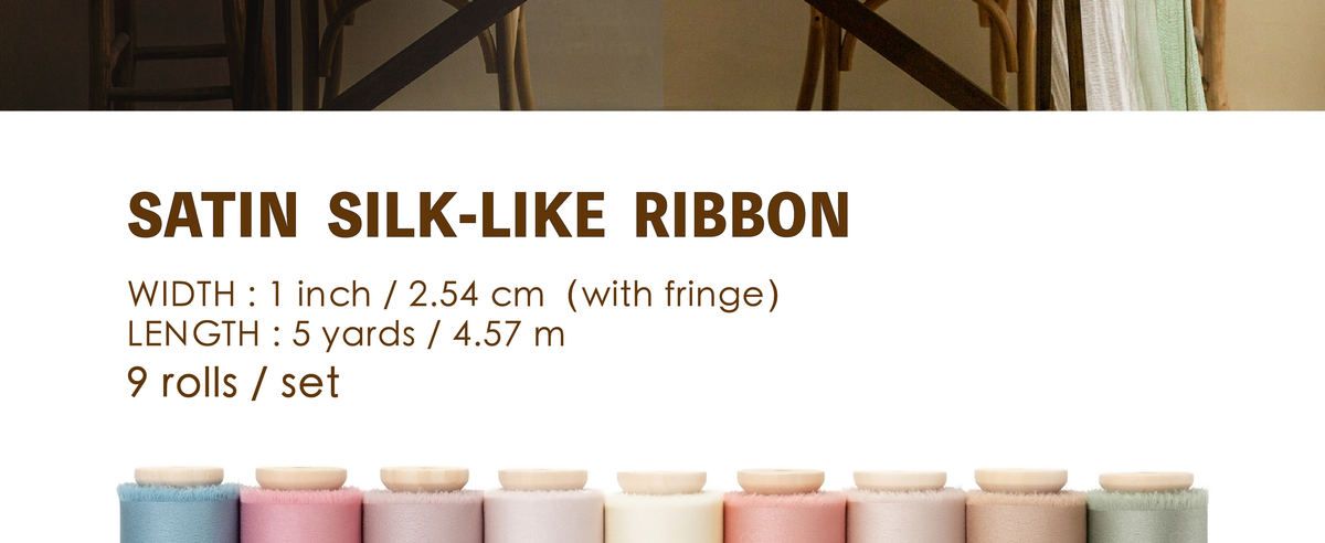 Nine wooden spools of 1-inch frayed satin ribbon in assorted blue, pink, ivory, beige, and sage tones.