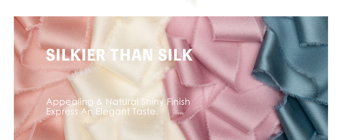 Shiny frayed satin ribbons shown on wrapped gift boxes and a pale floral bouquet.