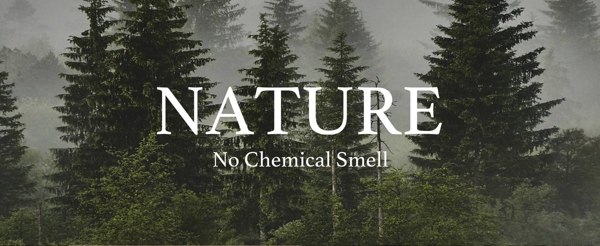 Misty evergreen forest with centered text “NATURE” and “No Chemical Smell.”