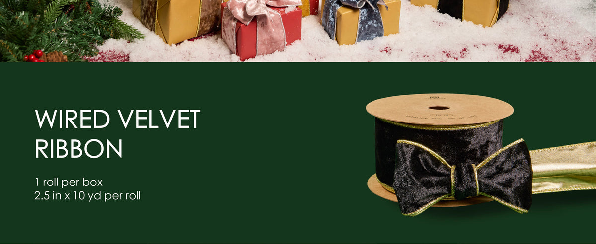 2.5-inch by 10-yard roll of black wired velvet ribbon with gold reverse and matching bow.
