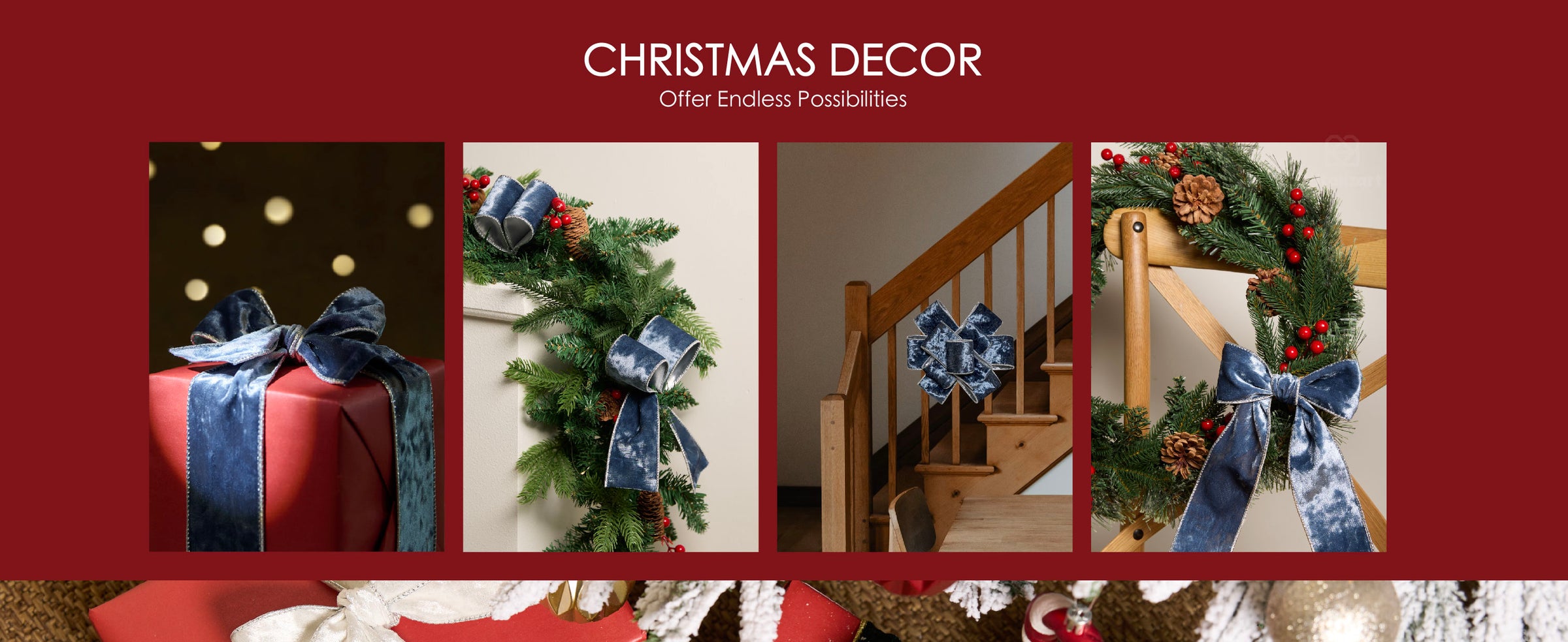 Dusty blue velvet ribbon with a silver reverse spiraling around a flocked Christmas tree
