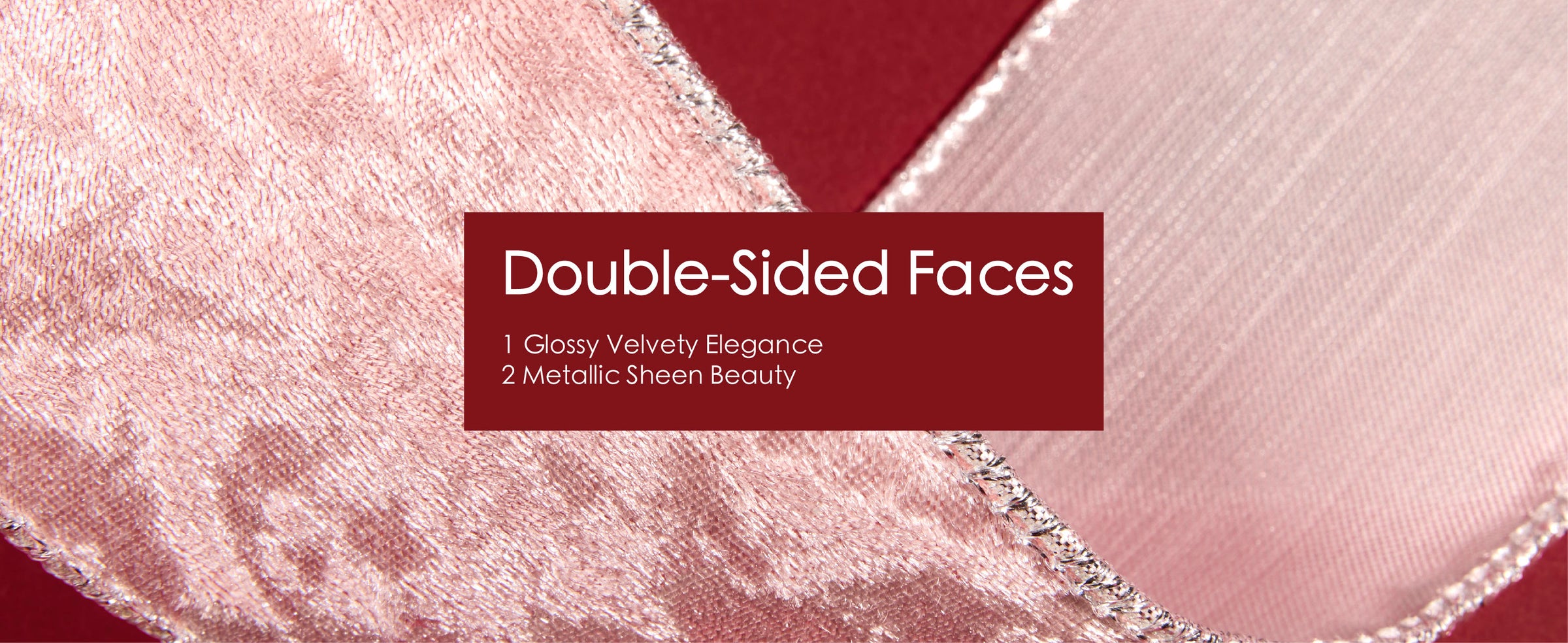 Close-up of blush pink wired ribbon with crushed velvet front and smooth metallic reverse