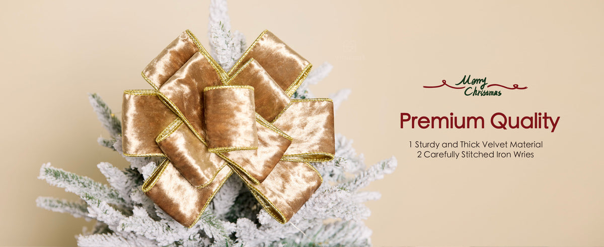 Large nude champagne wired velvet bow with gold-stitched edges on a flocked Christmas tree