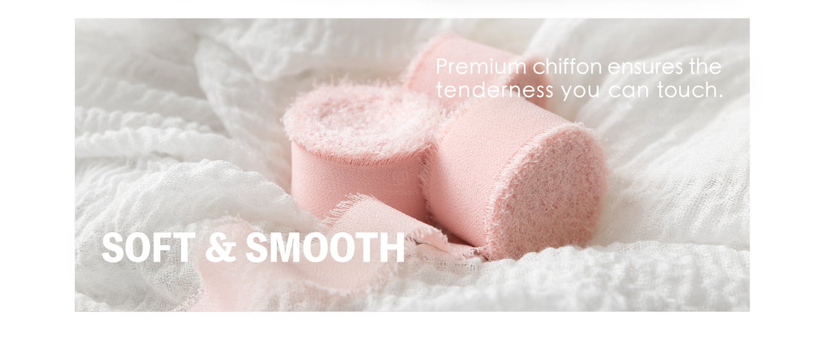 Blush-pink chiffon ribbon rolls with fine woven surfaces and soft frayed edges on white fabric.