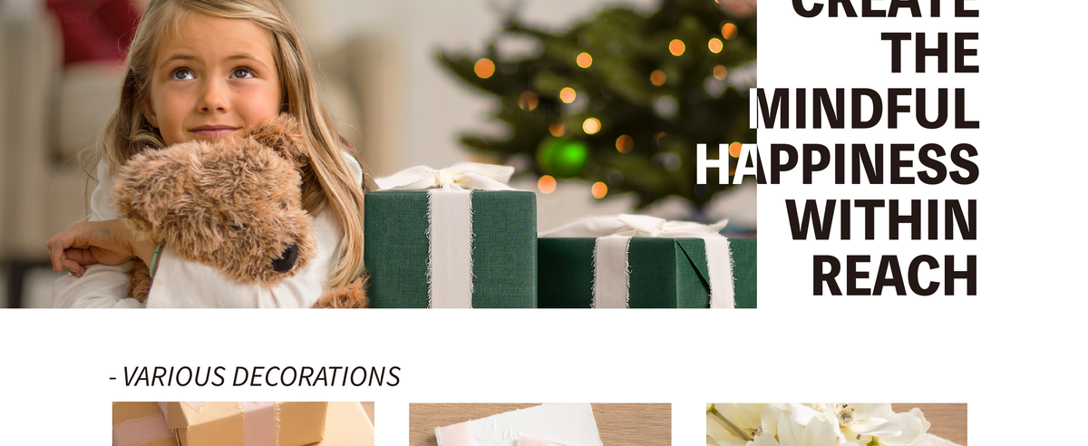 Pale blush chiffon ribbon wraps a green gift beside a child hugging a plush dog near a decorated tree.