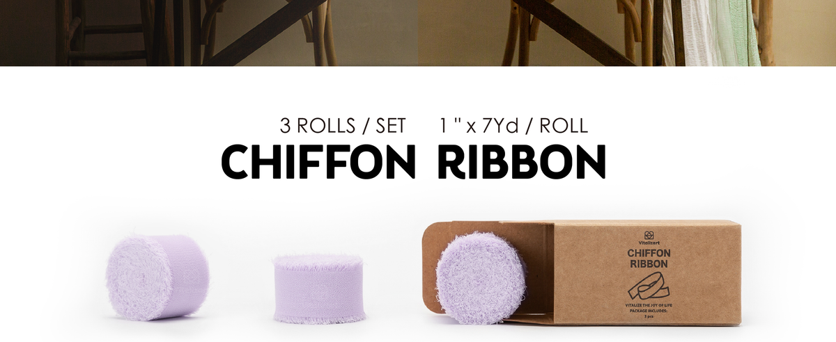Three lavender 1-inch chiffon ribbon rolls with frayed edges, shown beside their kraft box.