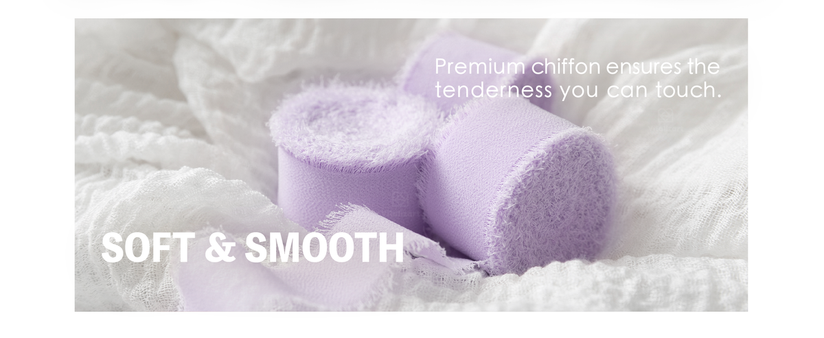 Lavender chiffon ribbon rolls with soft woven texture and frayed edges resting on white fabric.
