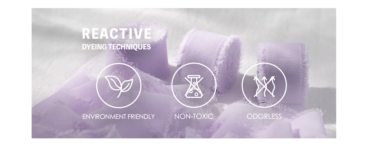 Lavender frayed chiffon ribbon with icons labeling it environment friendly, non-toxic, and odorless.