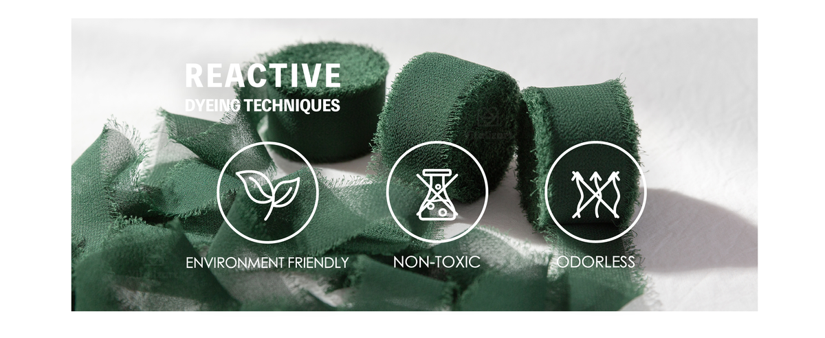 Dark green frayed chiffon ribbon with icons for environment friendly, non-toxic, odorless dyeing