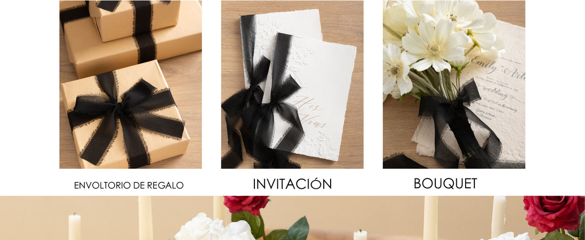 Black chiffon ribbon decorating kraft gifts, white invitations, and a flower bouquet