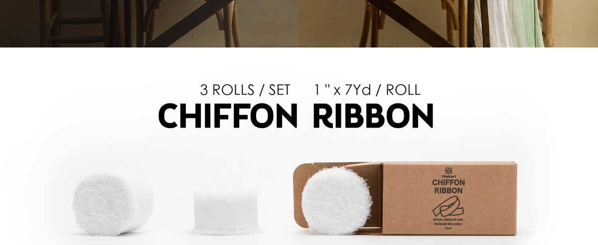 Three rolls of white chiffon ribbon beside an open brown package, each 1 inch by 7 yards