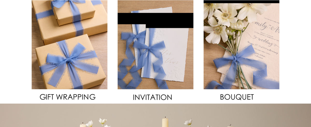 Dusty blue chiffon ribbon used for gift wrapping, invitation bows, and a flower bouquet.