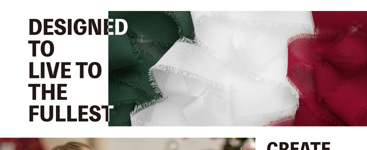 Layered dark green, white and red chiffon ribbons with sheer fabric and frayed edges
