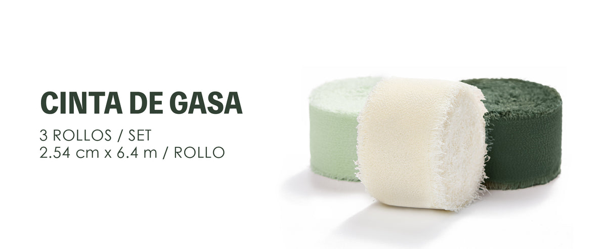 Three frayed chiffon ribbon rolls in pale green, cream and dark green on white