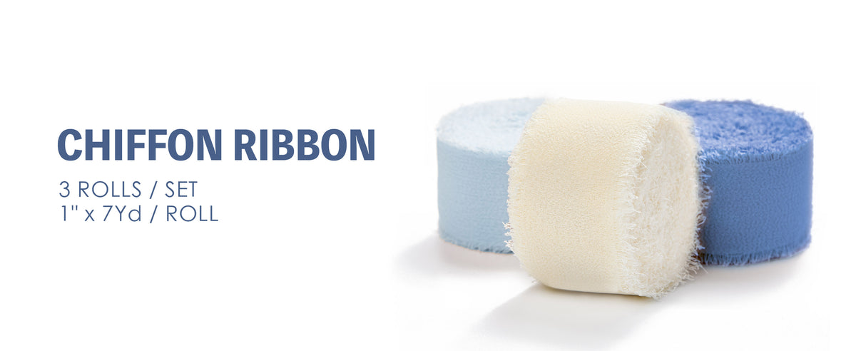 Navy, baby blue, and ivory chiffon ribbons layered in soft folds with delicate fringed edges.