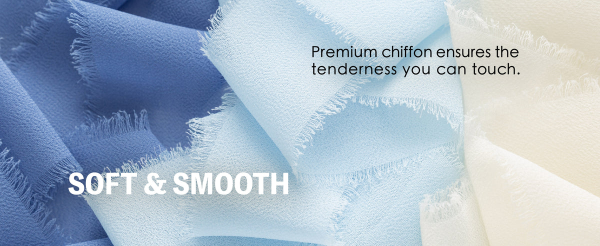 Three 1-inch chiffon ribbon rolls in baby blue, ivory, and dusty blue with soft fringed edges.