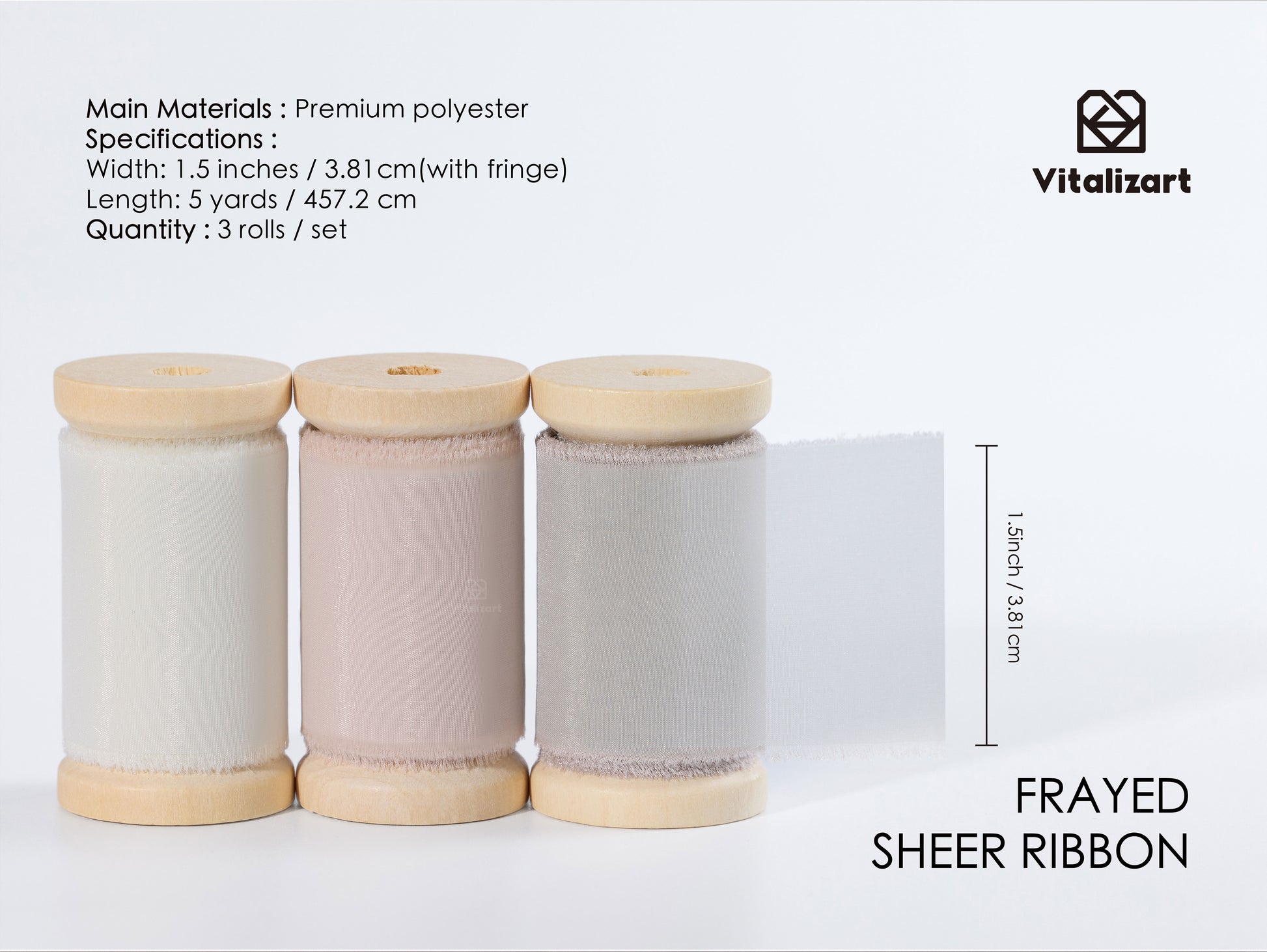Silk Ribbon Frayed Sheer Ribbon 1 1/2" x 15 Yd（Cream & Nude & Champagne） - Vitalizart
