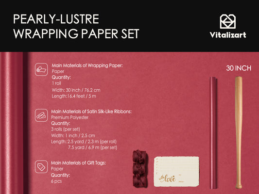 Wrapping Paper Set 30"x197" Pearly-Lustre With Silk Like Satin Ribbon & Gift Tags (Burgundy Paper & Burgundy Ribbons)