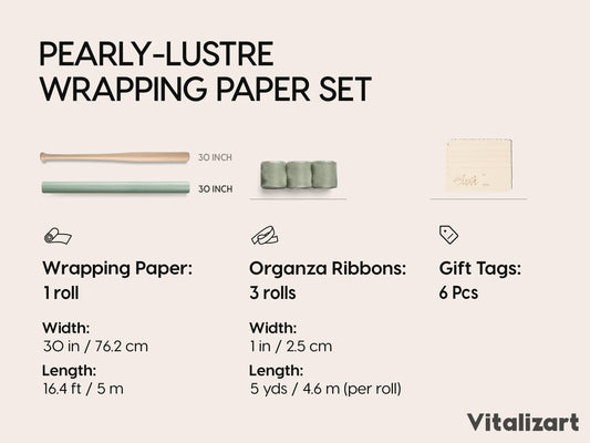 Vitalizart Pearly Wrapping Paper Set 30" × 197" w/ Organza Ribbon & Tags – Sage Green - Vitalizart