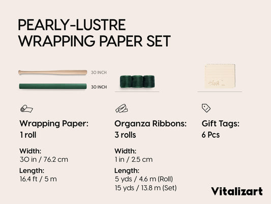 Vitalizart Pearly Wrapping Paper Set 30" × 197" w/ Organza Ribbon & Tags – Dark Green - Vitalizart