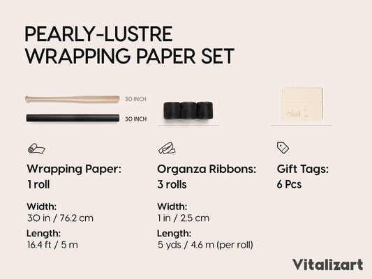 Vitalizart Pearly Wrapping Paper Set 30" × 197" w/ Organza Ribbon & Tags – Black - Vitalizart