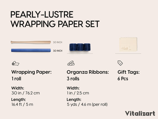 Vitalizart Pearly Wrapping Paper Set 30" × 197" w/ Organza Ribbon & Tags – Navy Blue - Vitalizart