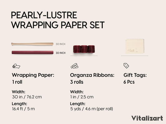 Vitalizart Pearly Wrapping Paper Set 30" × 197" w/ Organza Ribbon & Tags – Burgundy - Vitalizart
