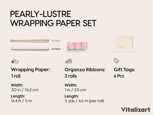 Vitalizart Pearly Wrapping Paper Set 30" × 197" w/ Organza Ribbon & Tags – Pink - Vitalizart
