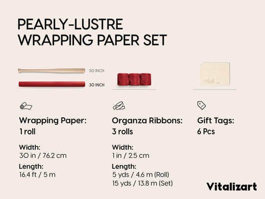 Vitalizart Pearly Wrapping Paper Set 30" × 197" w/ Organza Ribbon & Tags – Red - Vitalizart