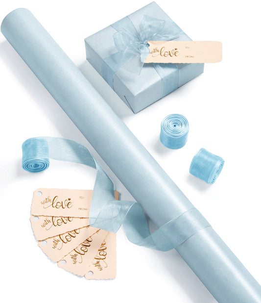 Vitalizart Pearly Wrapping Paper Set 30" × 197" w/ Organza Ribbon & Tags – Baby Blue - Vitalizart