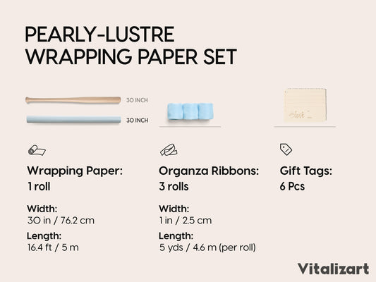 Vitalizart Pearly Wrapping Paper Set 30" × 197" w/ Organza Ribbon & Tags – Baby Blue - Vitalizart