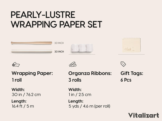Vitalizart Pearly Wrapping Paper Set 30" × 197" w/ Organza Ribbon & Tags – White - Vitalizart