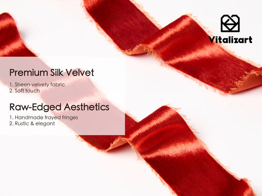 Frayed Edges Glossy Velvet Ribbon For Christmas 1.5"x 5YD (Rust Red)