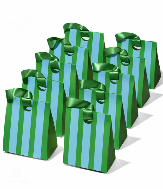 Green-Color Striped Paper Small Gift Bags with Ribbon Handles — Set of 10 - Vitalizart